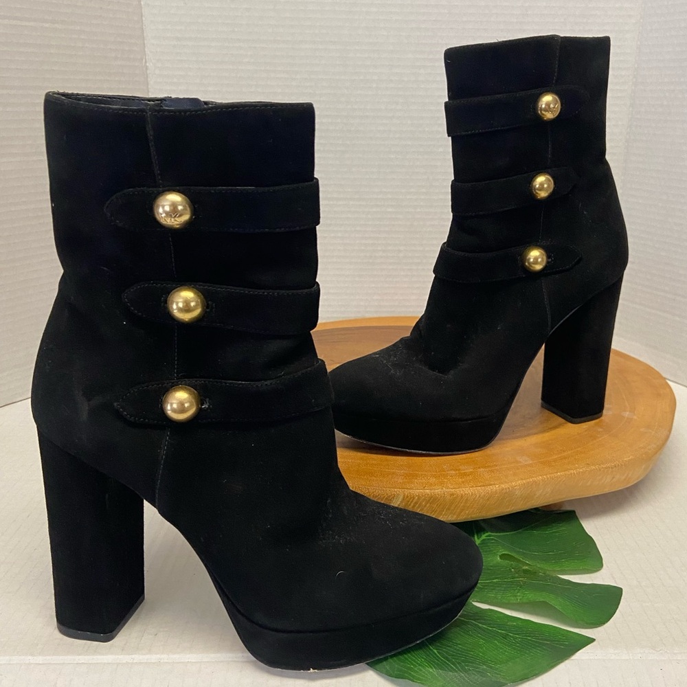 Michael Kors Leather Gold Button Heeled Ankle Boots